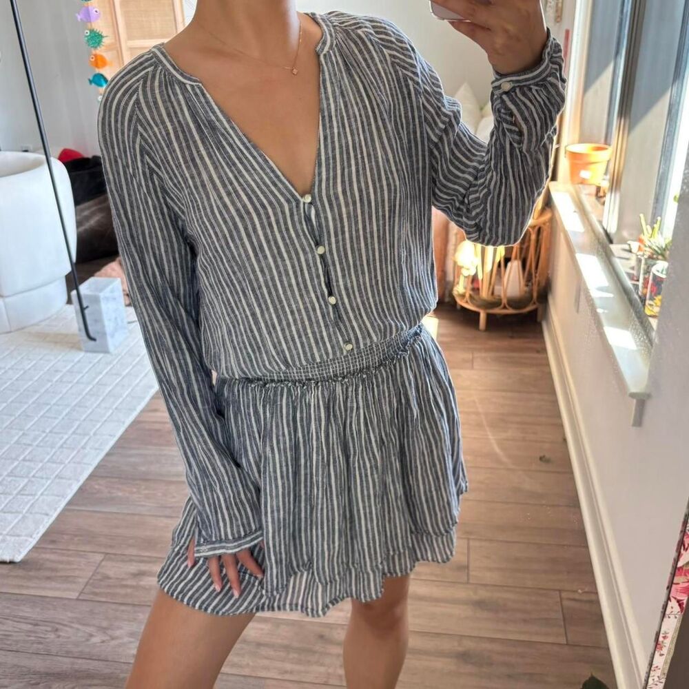 Rails Blue Striped Linen Smocked Long Sleeve Dress Women Size S Jasmine Tibet